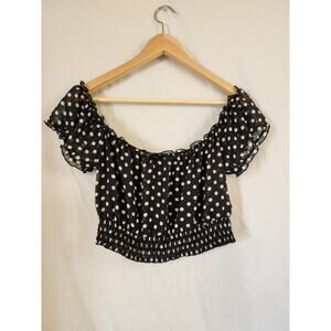 AMERICAN DREAM Black and White Polka Dot Front Lined Sheer Puff Sleeve Crop - L